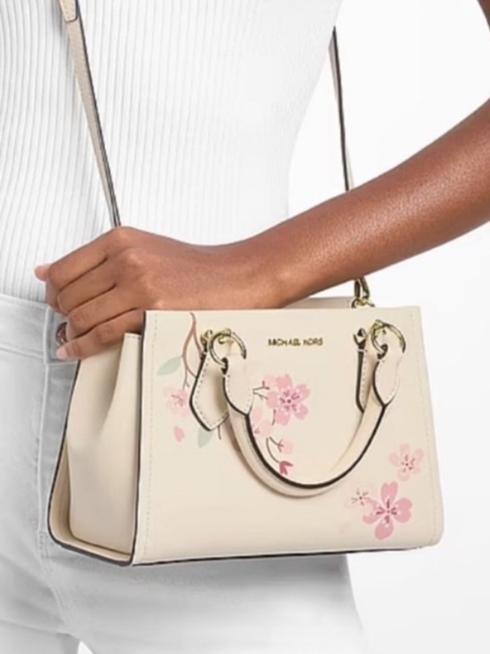 Michael Kors White Floral
Leather Satchel Crossbody with Pink Accents